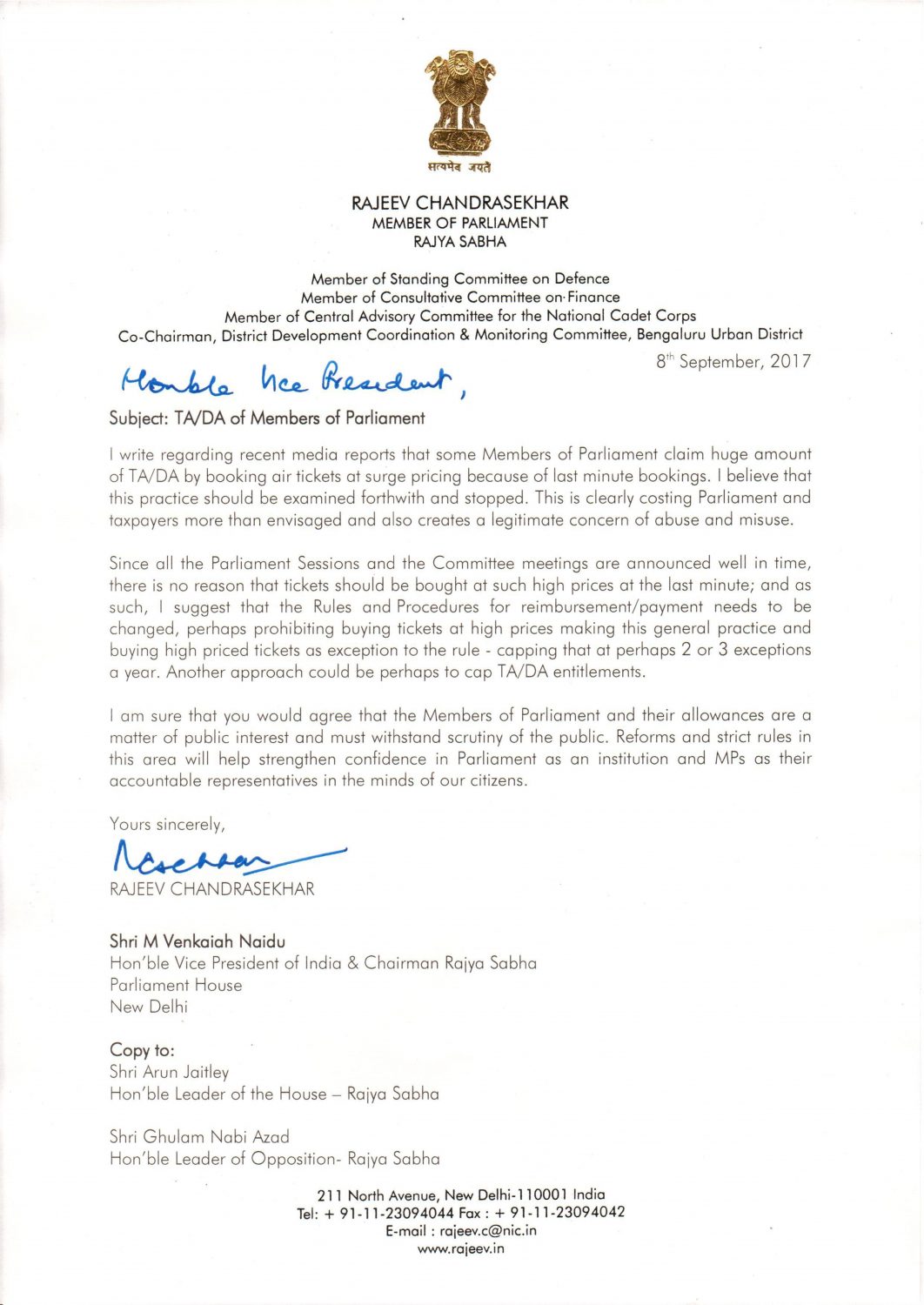Rajeev writes to Vice President of India regarding TA/DA Members